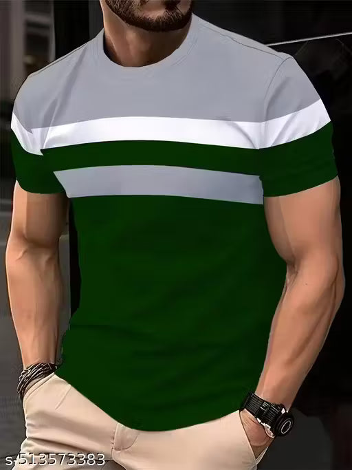 Men's Color Block Round Neck T-Shirt - Casual Summer Sportswear, Stretch Polyester Blend, Comfortable Knit Fabric for Casual Attire, Casual Outings | Relaxed Fit Top | Durable Fabric, T Shirt
