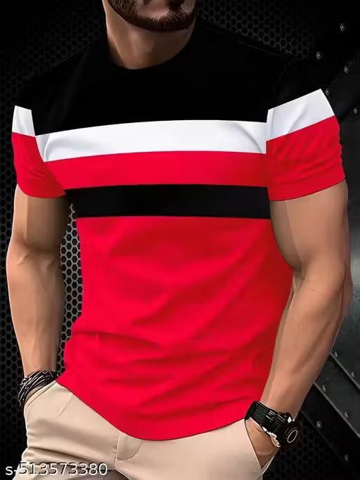Men's Color Block Round Neck T-Shirt - Casual Summer Sportswear, Stretch Polyester Blend, Comfortable Knit Fabric for Casual Attire, Casual Outings | Relaxed Fit Top | Durable Fabric, T Shirt